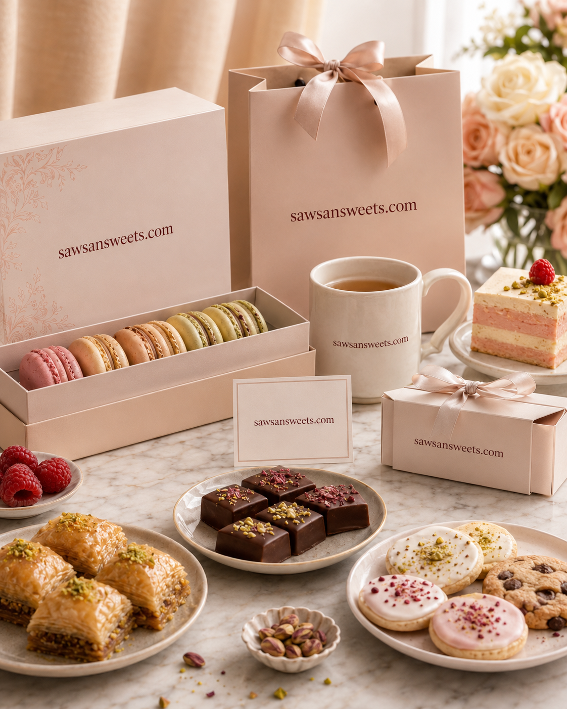 Hyperrealistic branded sweets display with sawsansweets.com printed on boxes, a mug, and other packaging