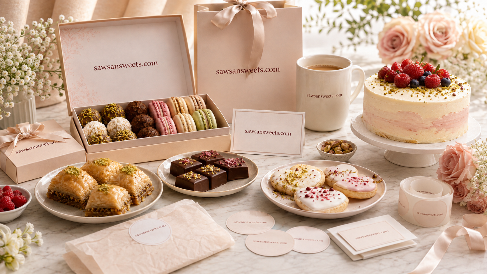 Hyperrealistic lifestyle sweets display featuring various sweets, a cake, branded packaging, stickers, cards, and a mug with sawsansweets.com printed on them