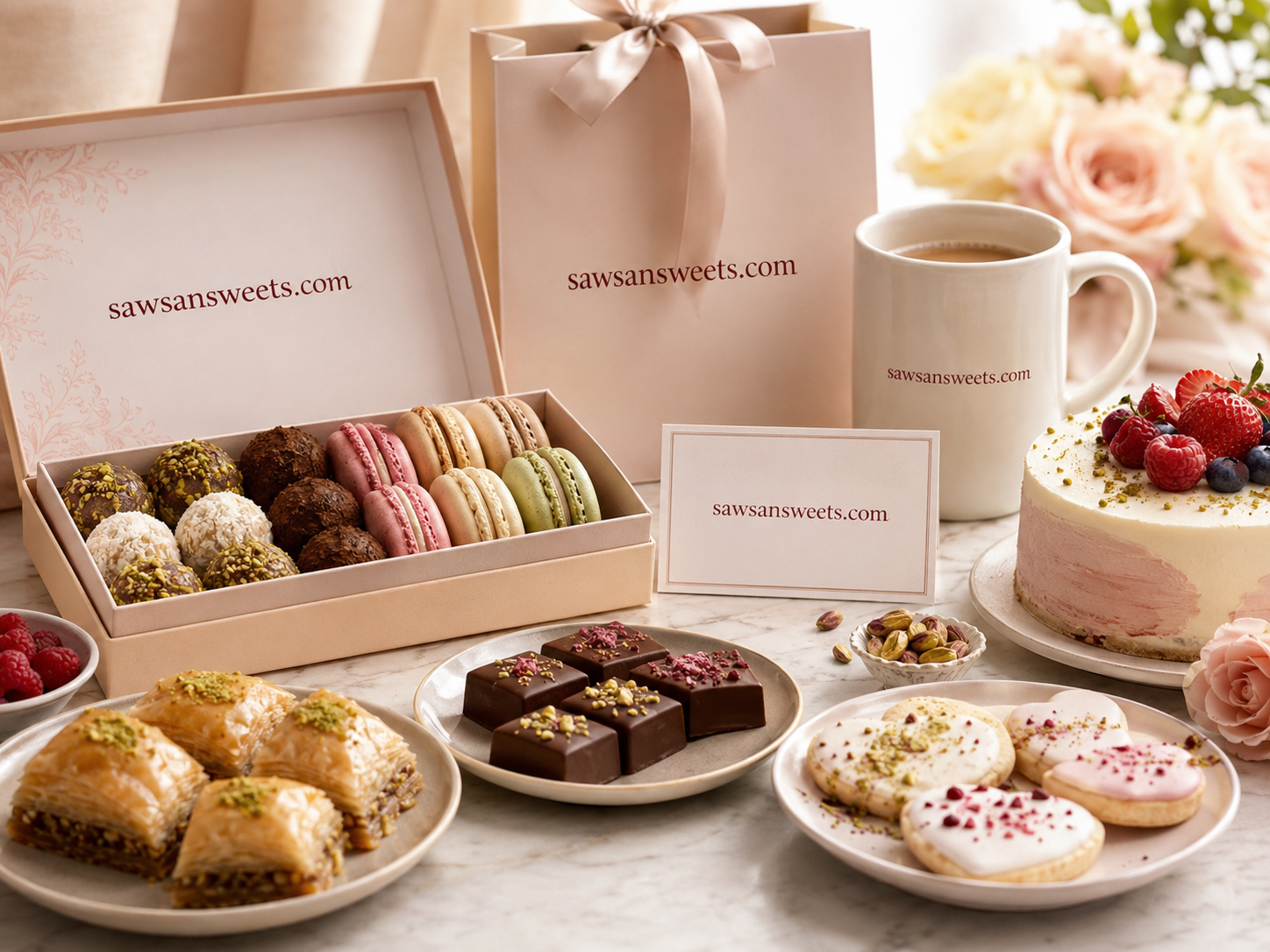 Hyperrealistic sweets presentation with packaging, a mug, and sweets branded with sawsansweets.com